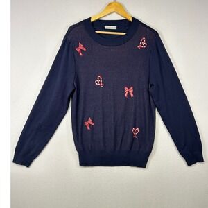 Coquette Balletcore Retrology Womens XL Navy Blue Bow Heart Shimmer Knit Sweater